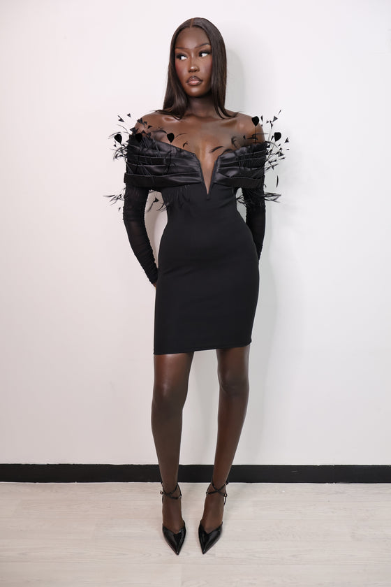 HILLARY - FEATHER OFF SHOULDER MINI DRESS