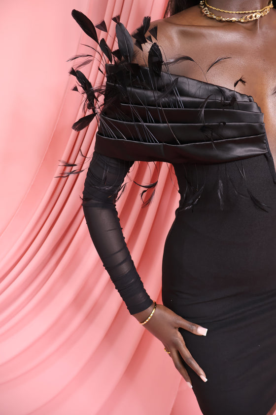 HILLARY - FEATHER OFF SHOULDER MINI DRESS