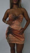 CARAMEL FLAME - RUCHED OMBRE BEADED MINI CORSET DRESS