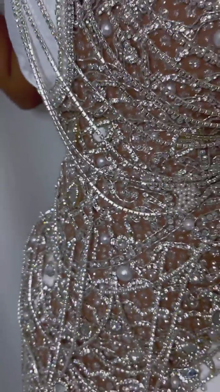 CRYSTAL- RHINESTONE BEADED DRAPED MINI DRESS