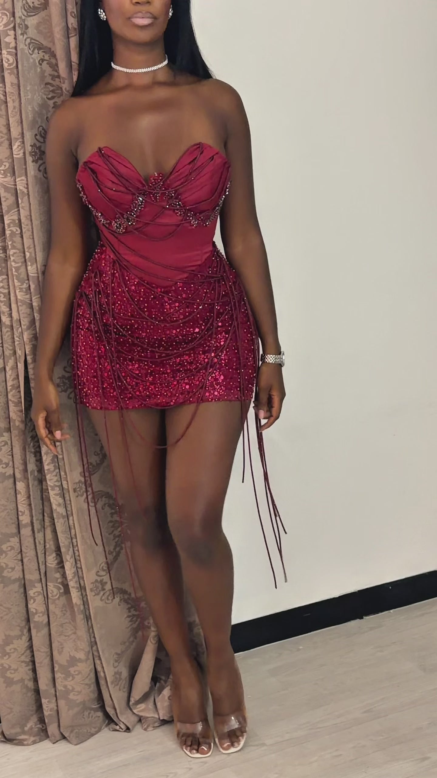 SCARLET - BEADED BURGUNDY WINE  EMBELLISHED CORSET MINI DRESS